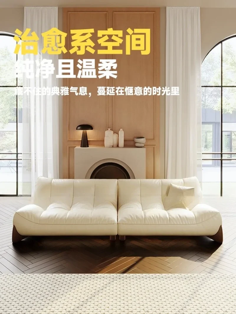 Cream style leather sofa white first layer cowhide living room modern simple creative small apartment straight row sofa