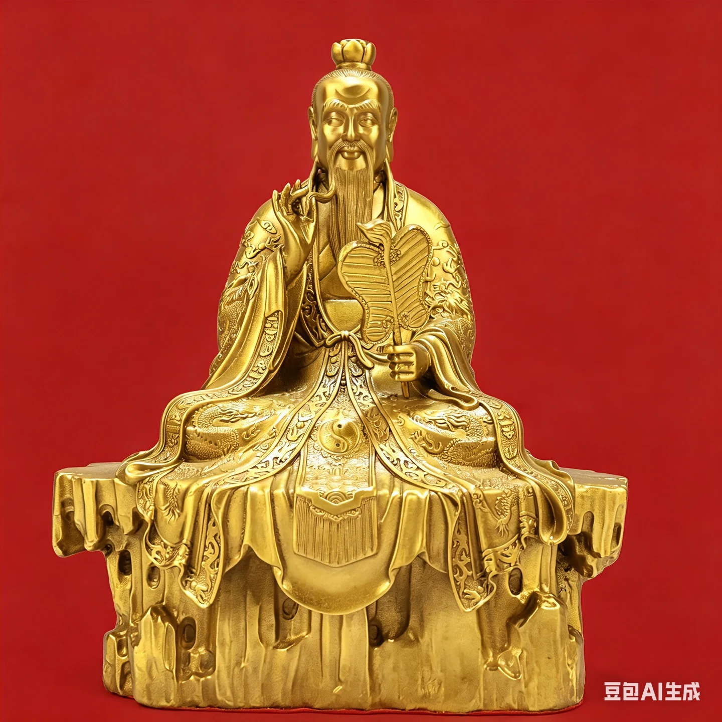 Old Brass Ancestral Master The founder of Taoism Lord Lao Zi Holding a fan Buddha Terrace Sitting statue Study screen
