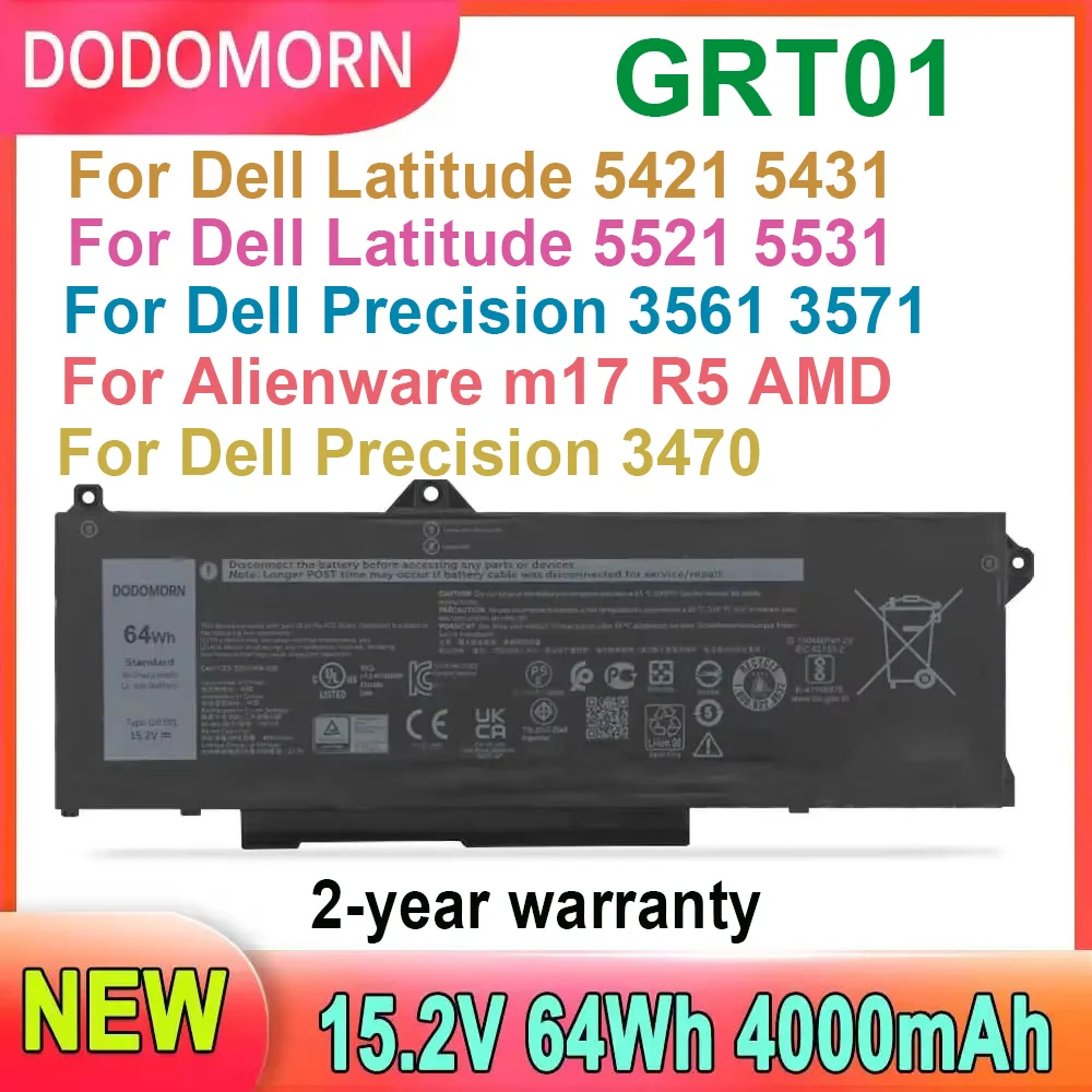 DODOMORN GRT01 Laptop Battery For DELL Latitude 5421 5431 5521 5531 For Precision 3561 3571 3470 For Alienware M17 R5 AMD Series