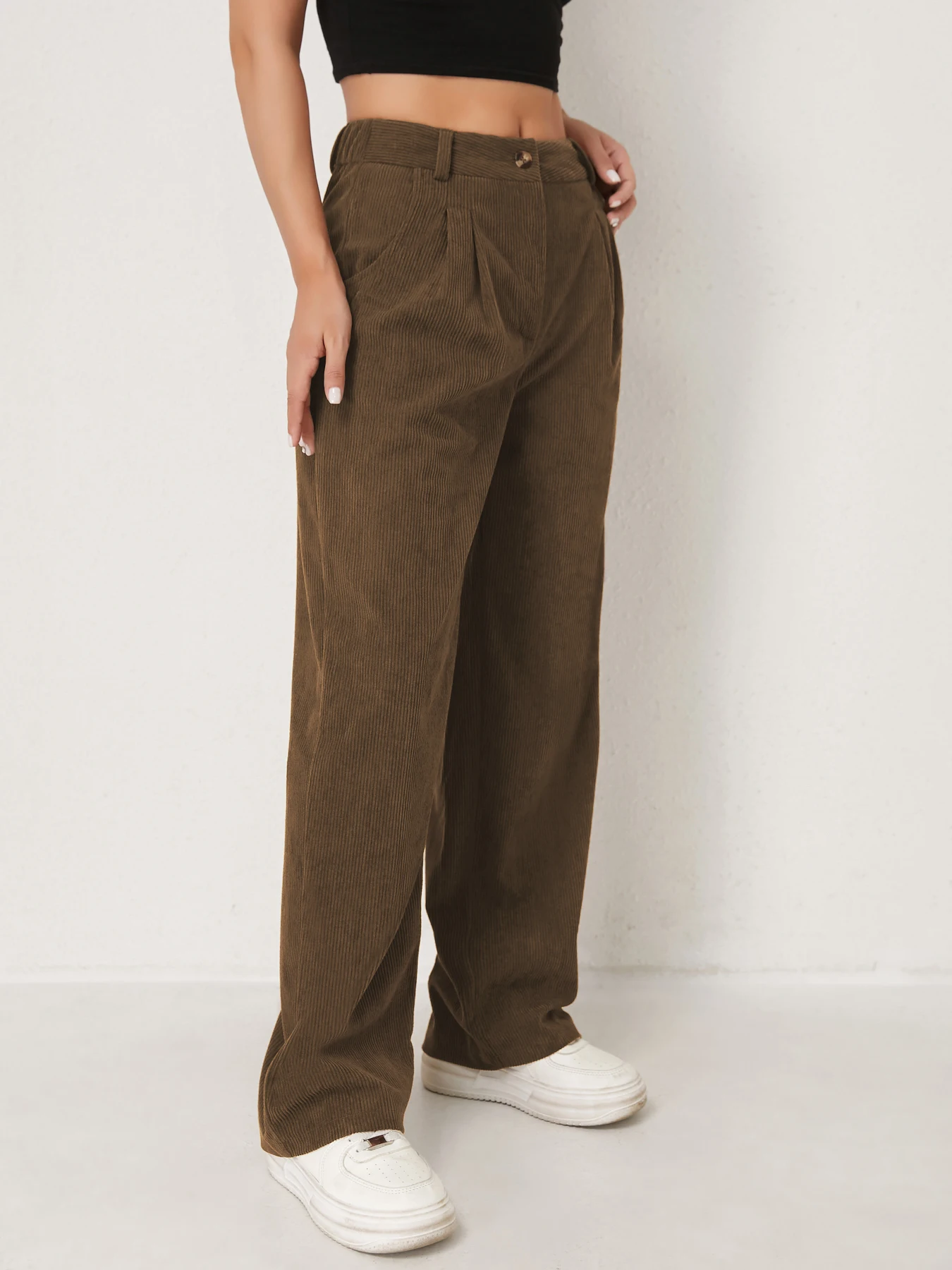 Neue Herbst- und Winter-Freizeitanzüge für Damen in Unifarben aus Cord mit weitem Bein und geraden, samtartigen Hosen, die schlank aussehen – Detail 2