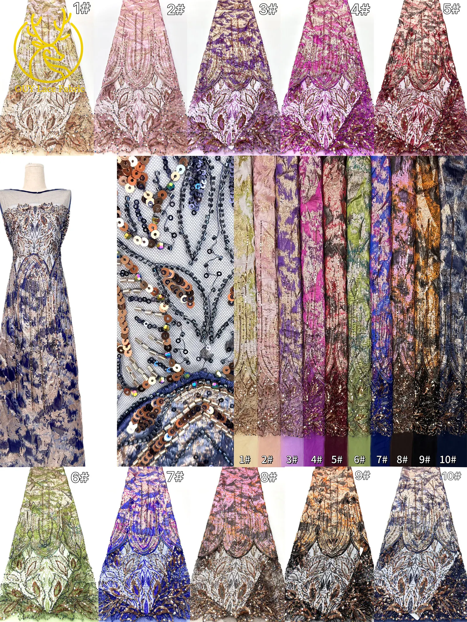 2026 Luxuriöser afrikanischer Chiffon-Spitzenstoff mit schweren Perlen, lila nigerianischer Pailletten-Spitzenstoff, geeignet für Damen-Partykleider – Detail 3