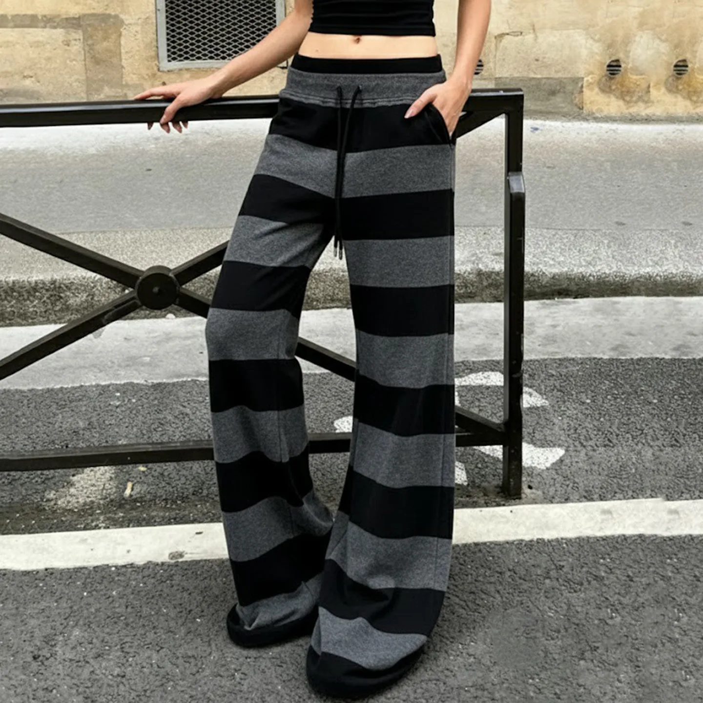 2026 Spring Lazy Wind Contrasting Striped Lace-up Casual Pants Drape and Thin Loose Wide-legged Spice Girl Trousers
