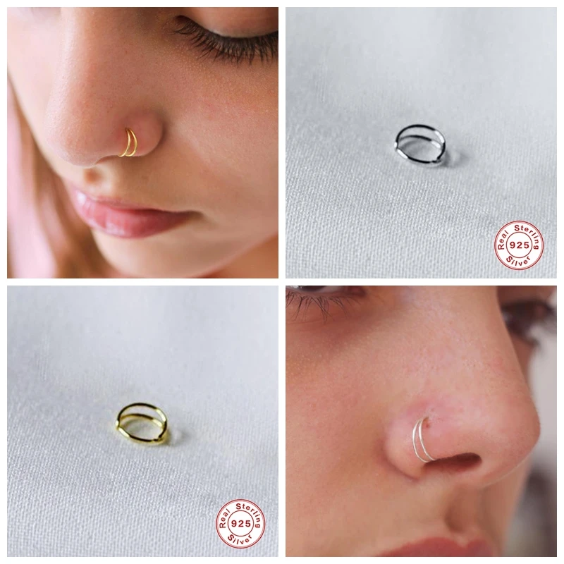 Anelli da naso a doppio cerchio in argento Sterling 925 per donne ragazze piccoli anelli a cerchio aperto tipo Piercing cartilagine Stud Body Jewelry