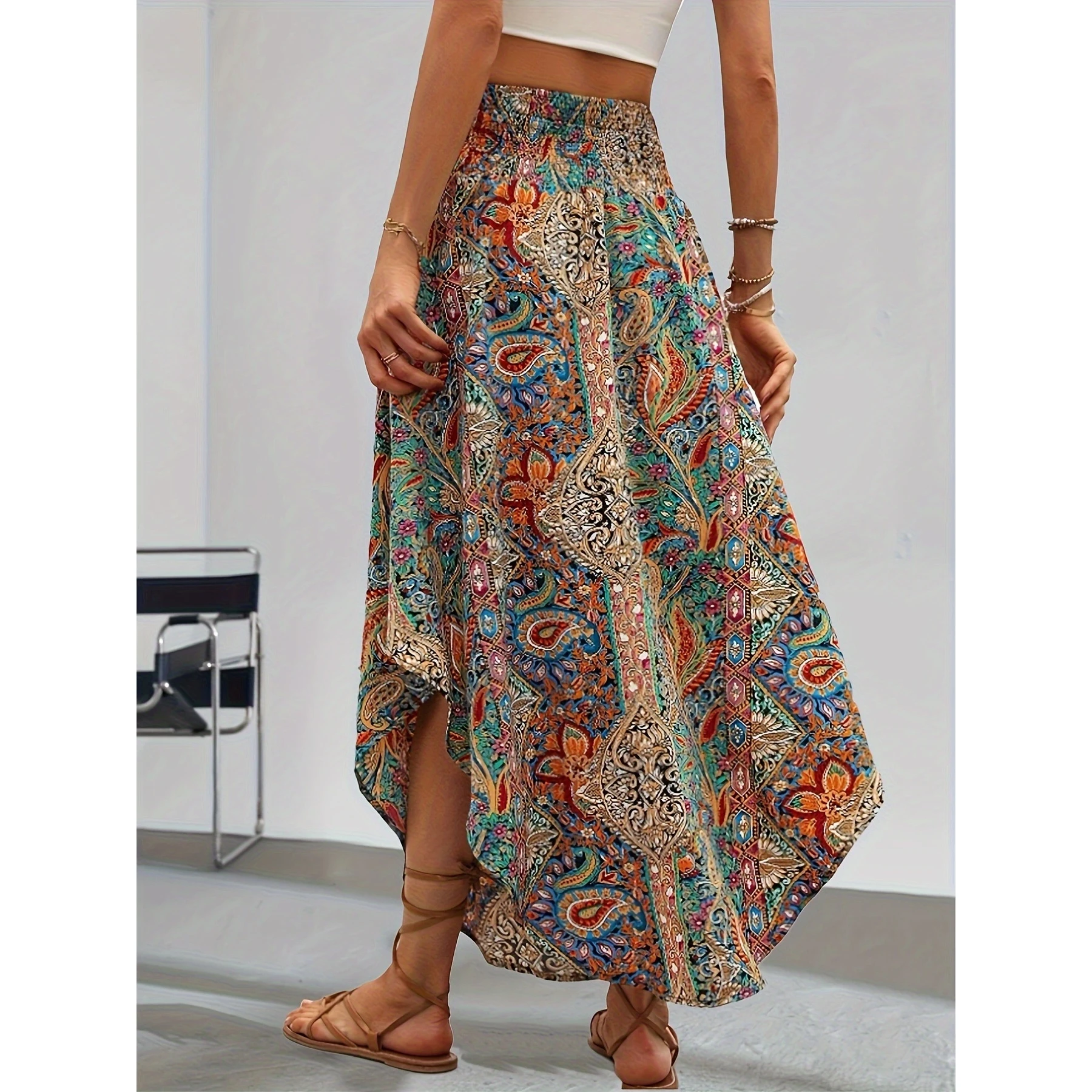 Exotic Print Long Skirt High Waist Drawstring Women's Summer Fashionable Casual Wear Travel Street Style Commute Date