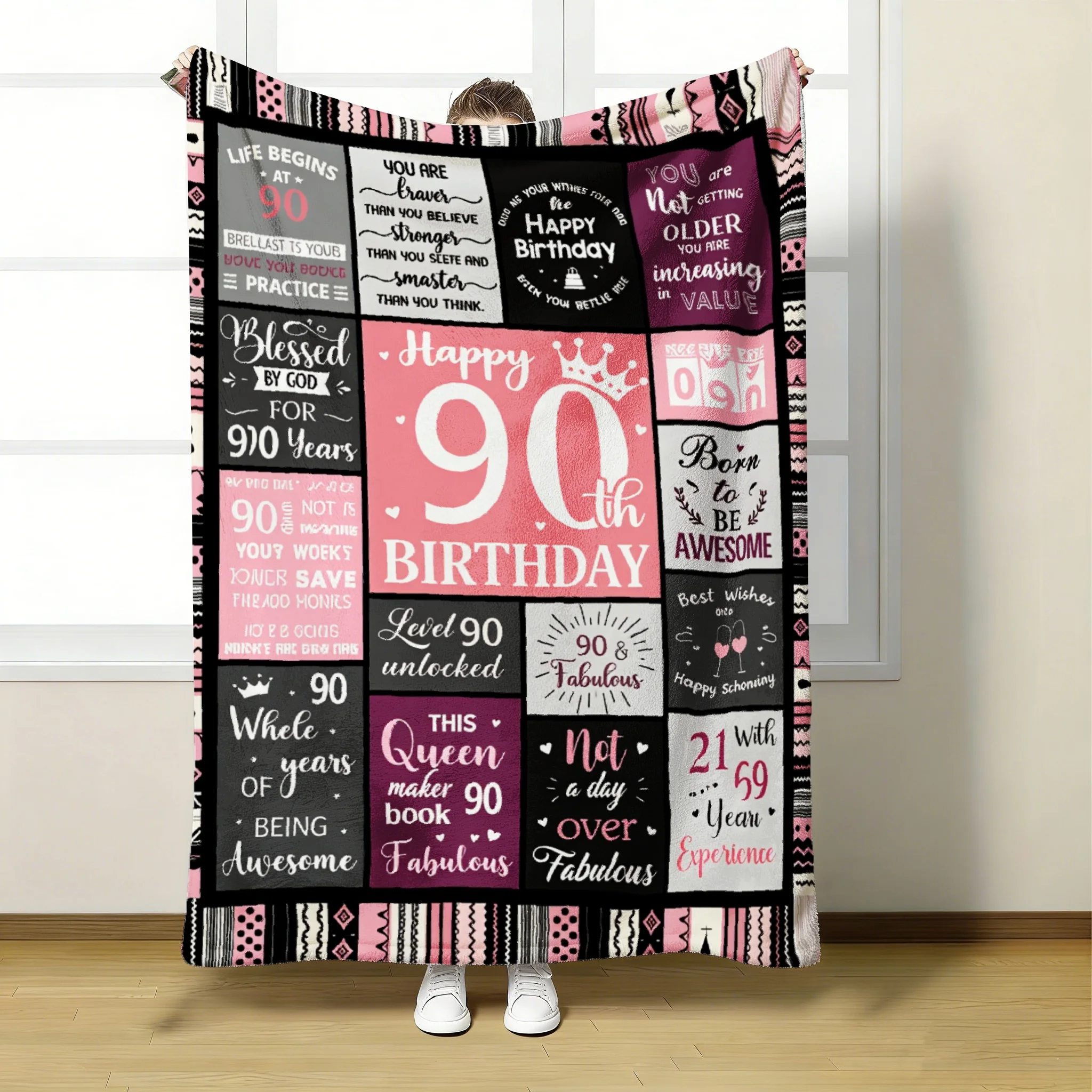 1 Stück Happy Birthday 90th Volatile Überwurfdecke, weiche, leichte Ganzjahresdecke für Couch, Bett, Büro und Reisen, ideal für unterwegs, 280 g/m²