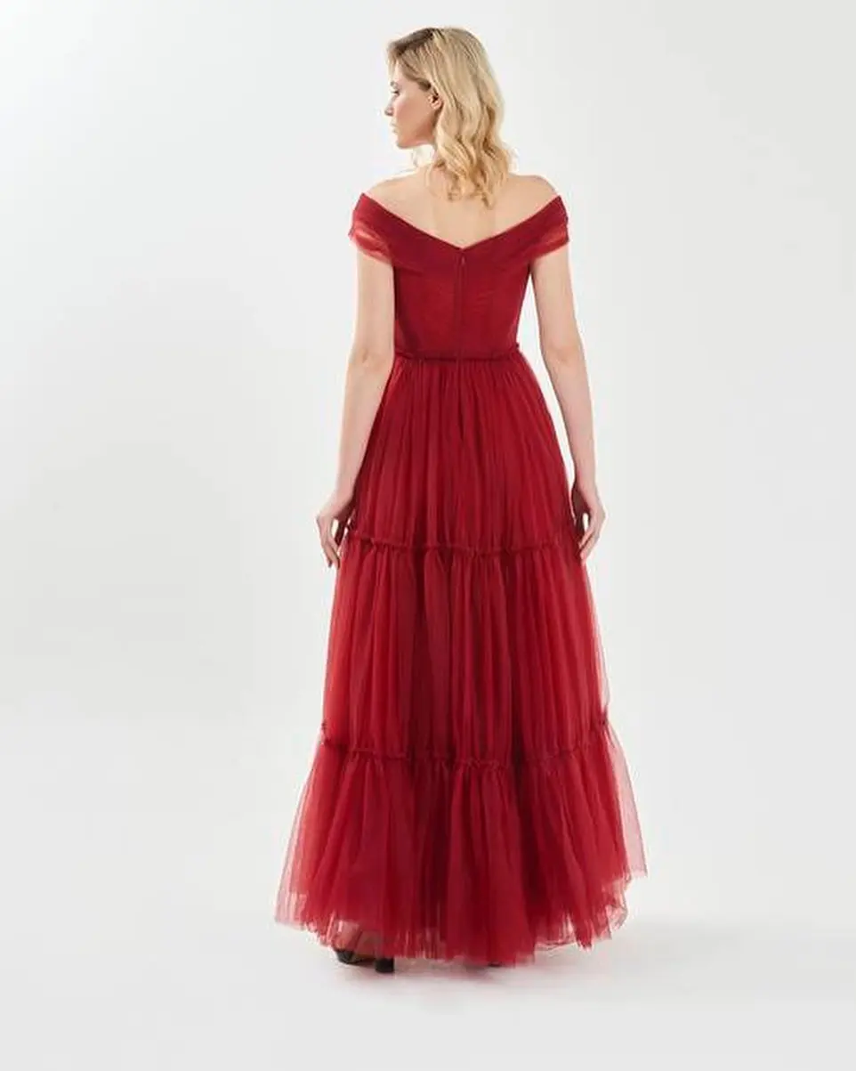 Customized Modern Tulle A-Line Off the Shoulder Evening Dress Floor Length V-Neck Short Sleeves Burgundy Vestidos de fiesta