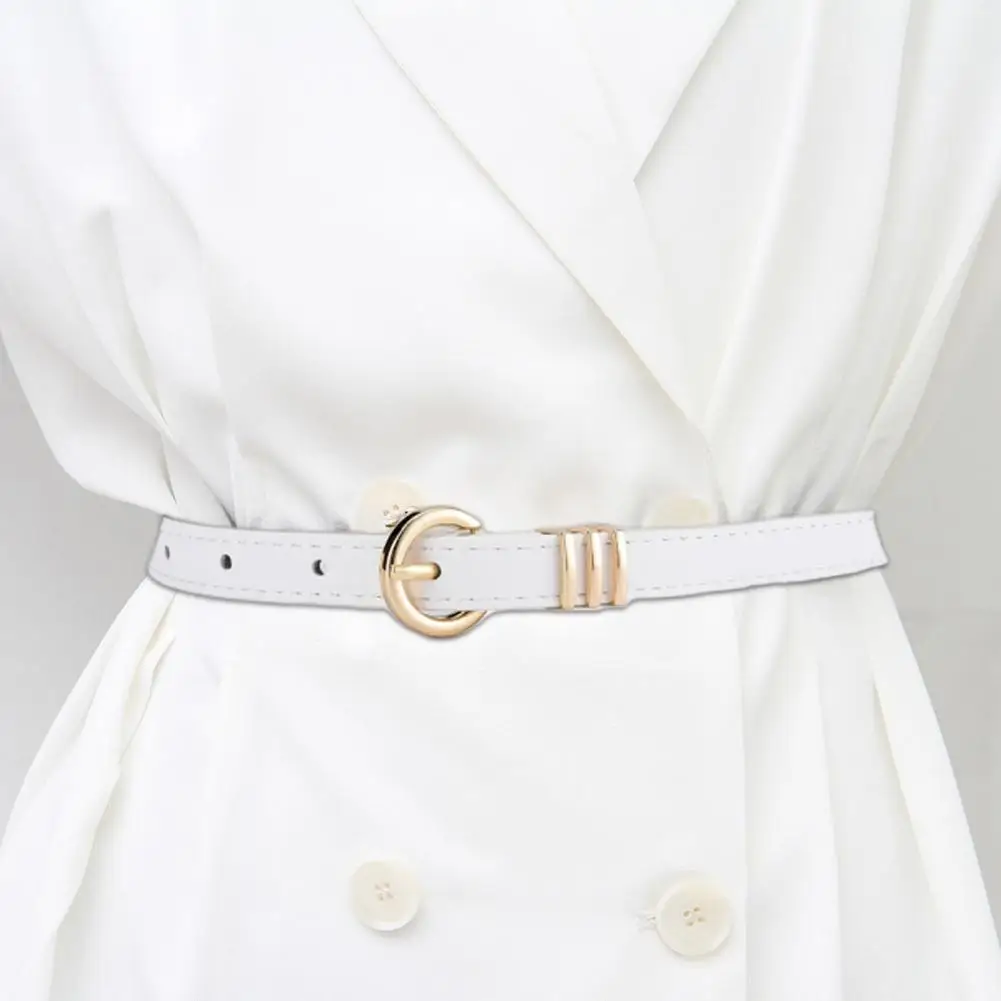 Solid Color Dress Belt Adjustable Faux Leather Women's Belt with Alloy Round Buckle Stylish Thin Casual Jeans Accessory Women