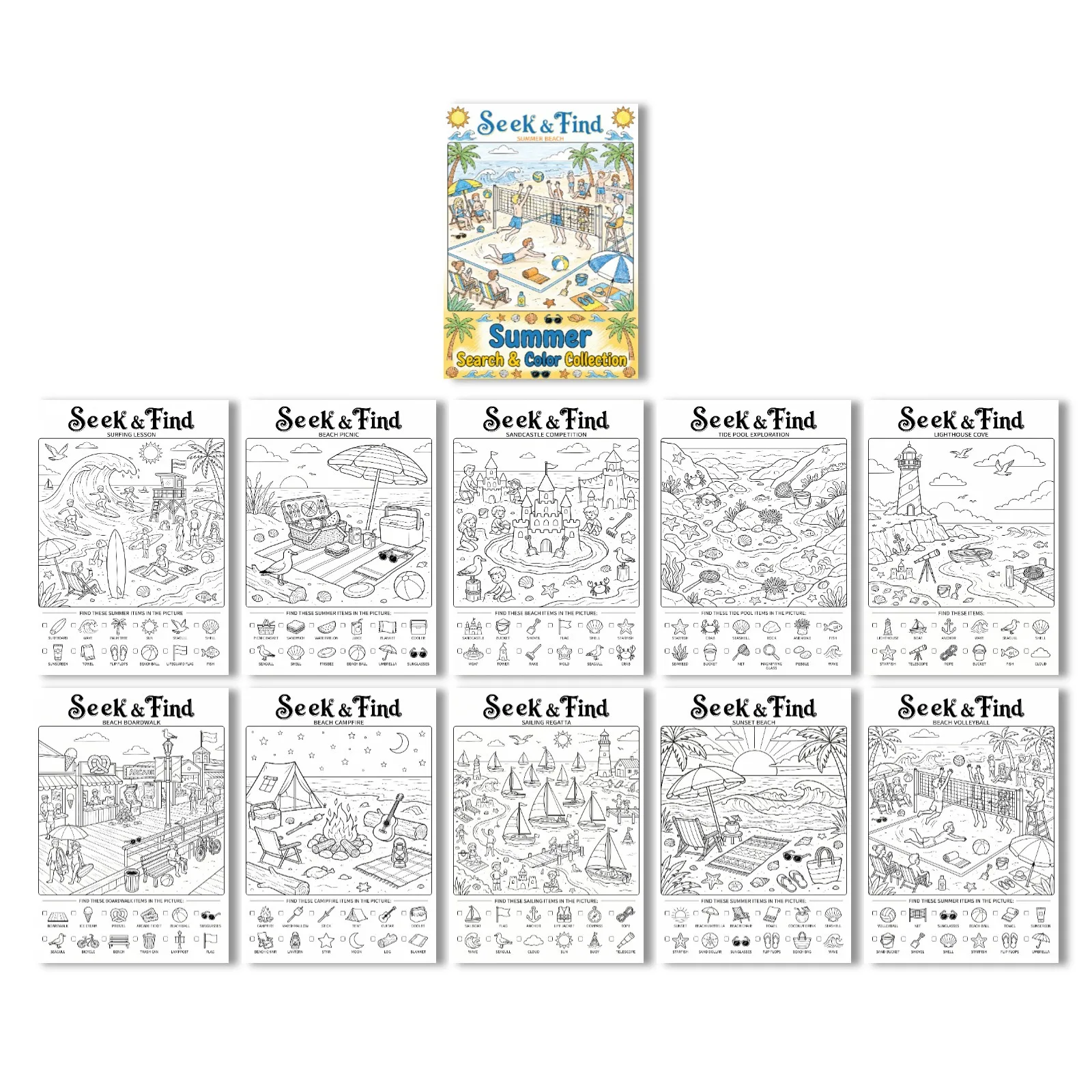 10pcs Per Pack Coloring Posters, Summer Beach‑Themed Search‑and‑Find Hand‑Drawn Graffiti Coloring Papers