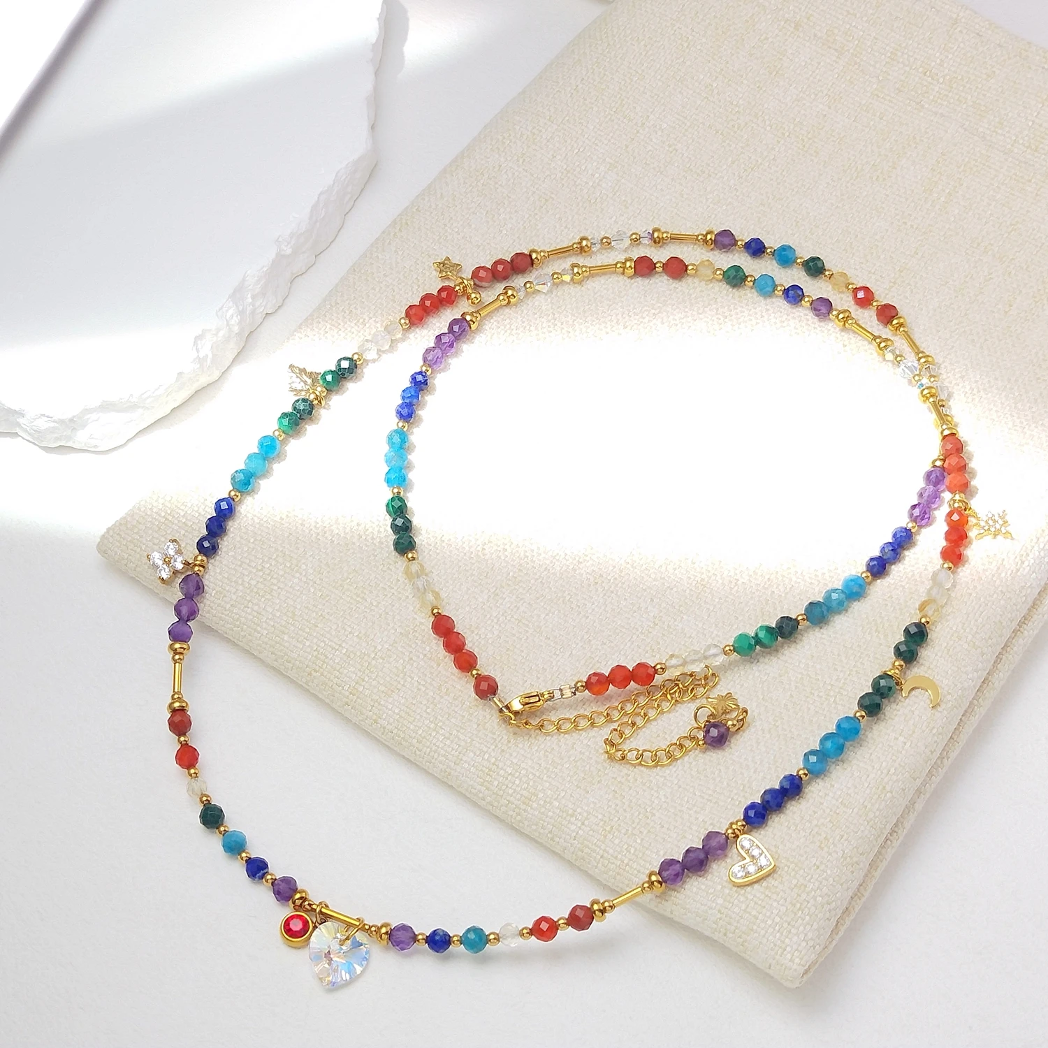Lii Ji 4mm Facted Beads 7 Chakras Stainless Steel Waist Chain 76+10cm Natural Stone Jewelry