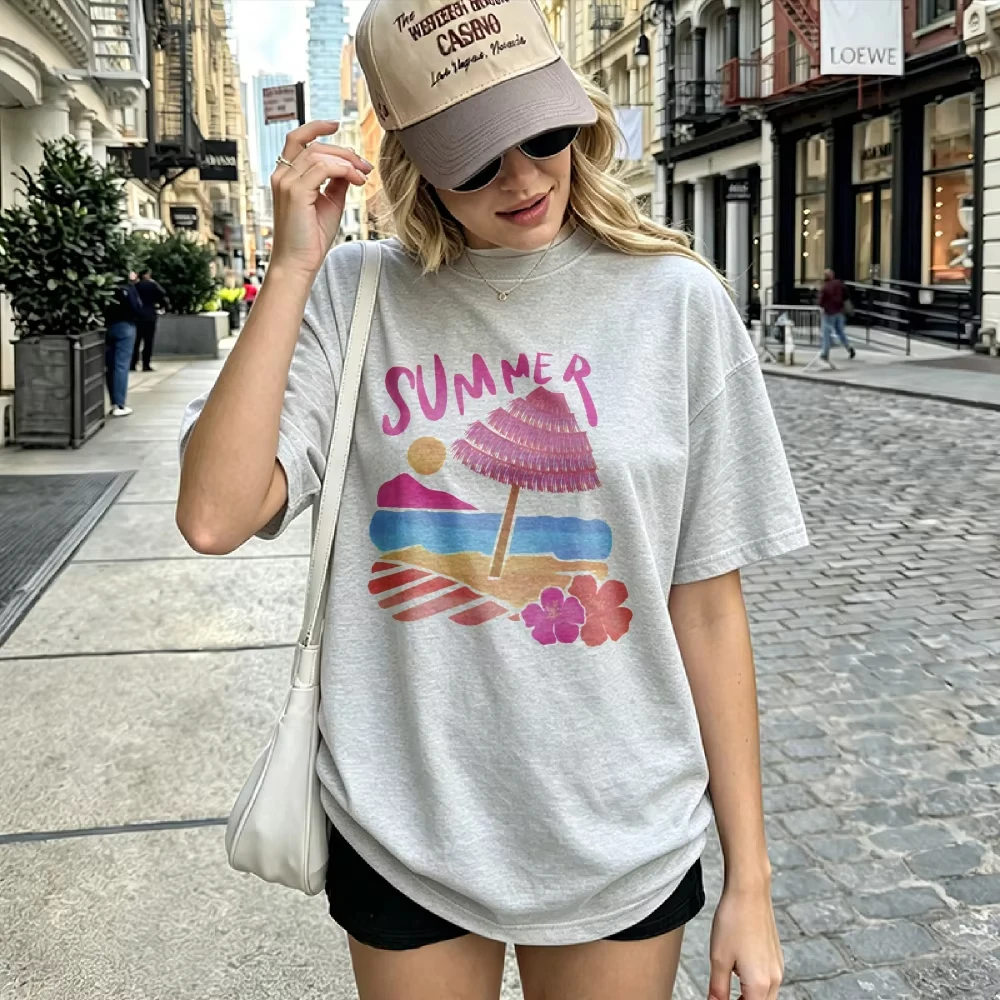 Women Summer Beach Graphic T Shirt Pink Parasol Sea View Print Short Sleeve Tee Casual Loose Fit Cotton Top Holiday Vacation