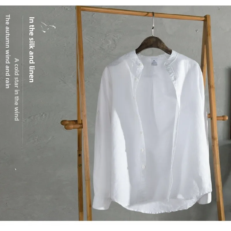 

Повседневный хлопок и лен Long Sve irt, мужской цветной воротник-стойка, весна-осень, простой дизайн, без бренда, зарегистрированный