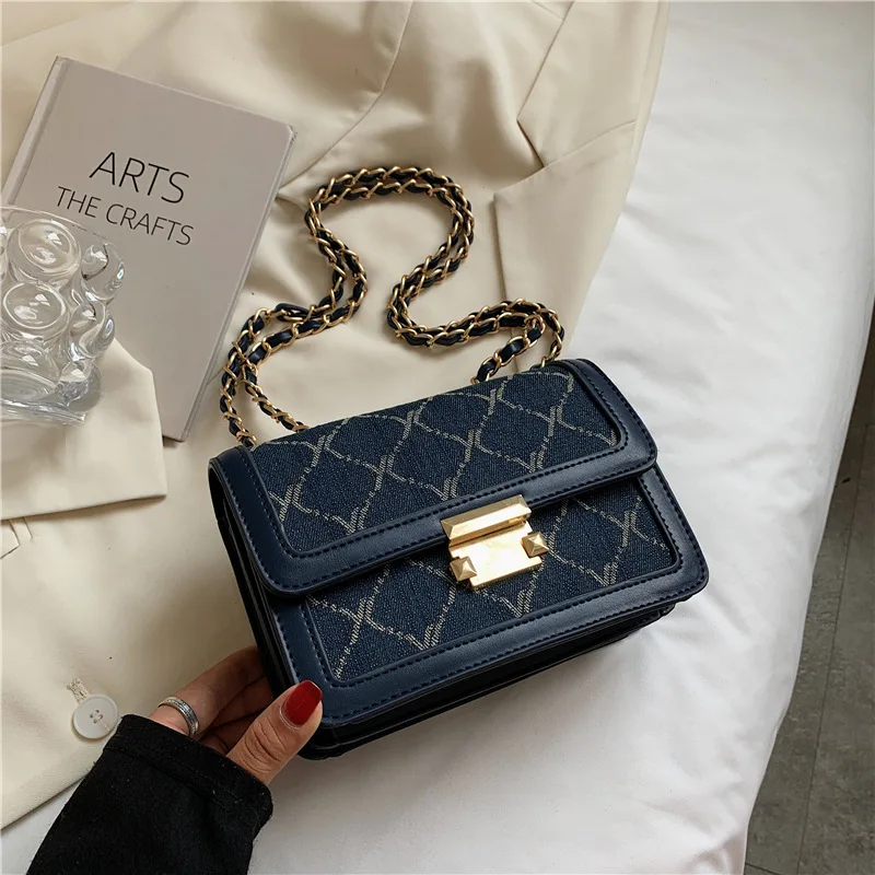 Embroidery Plaid Pattern Chain Crossbody Bag For Women Canvas and PU Small Shoulder Bag Ladies Purses And Handbags 2023 Trended