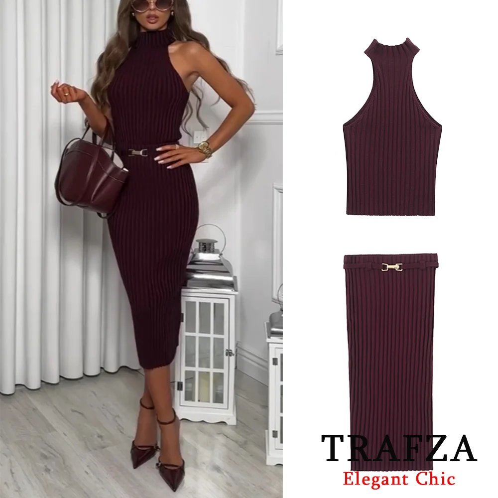 

TRAFZA Women Elegant Burgundy Knit Set Sleeveless Halter Top Belted Midi Skirt Set New 2025 Spring Summer Fashion Chic Set