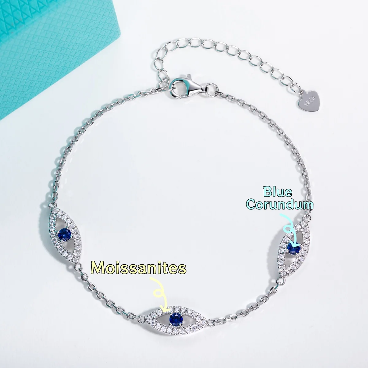 AnuJewel Moissanite Evil Eye Bracelet 925 Sterling Silver 18K Gold Plated 18+5cm Adjustable Bracelets Anklet for Women Jewelry