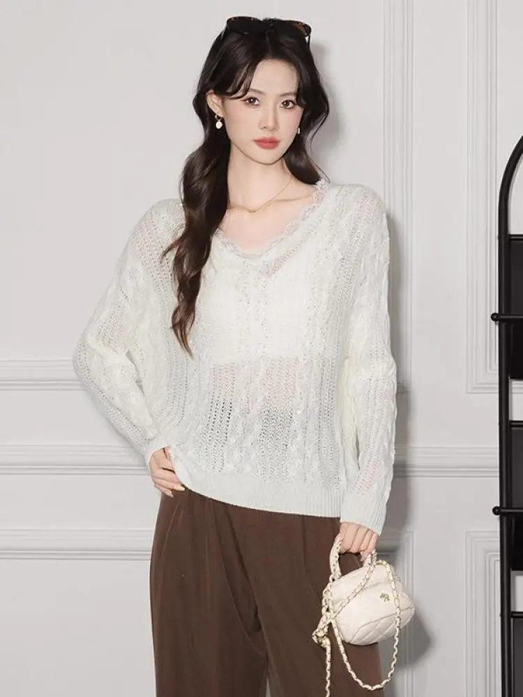 

Korean 2025 Autumn Winter White Patchwork Lace Hollow Out Sweater Women V-neck Long Sleeve Slim Pullovers Knitted Tops Casual