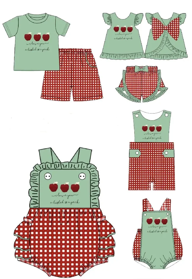 Back to school boutique children's set pearl apple letter print shorts lace bow girls boys plaid shorts set baby romper