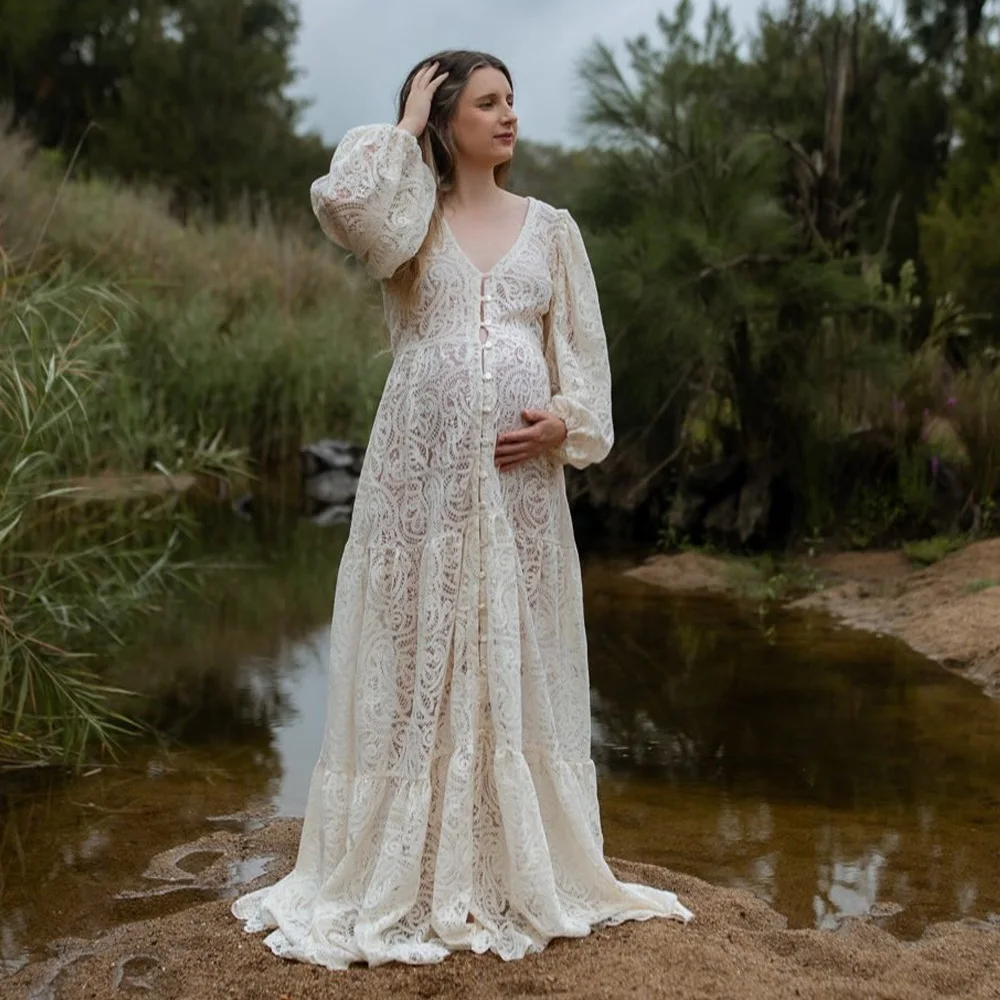 Boho Lace Maternity Photoshoot Dress Flowy Maxi Robe for Pregnant Women Baby Shower Outdoor Maternity Photography Prop