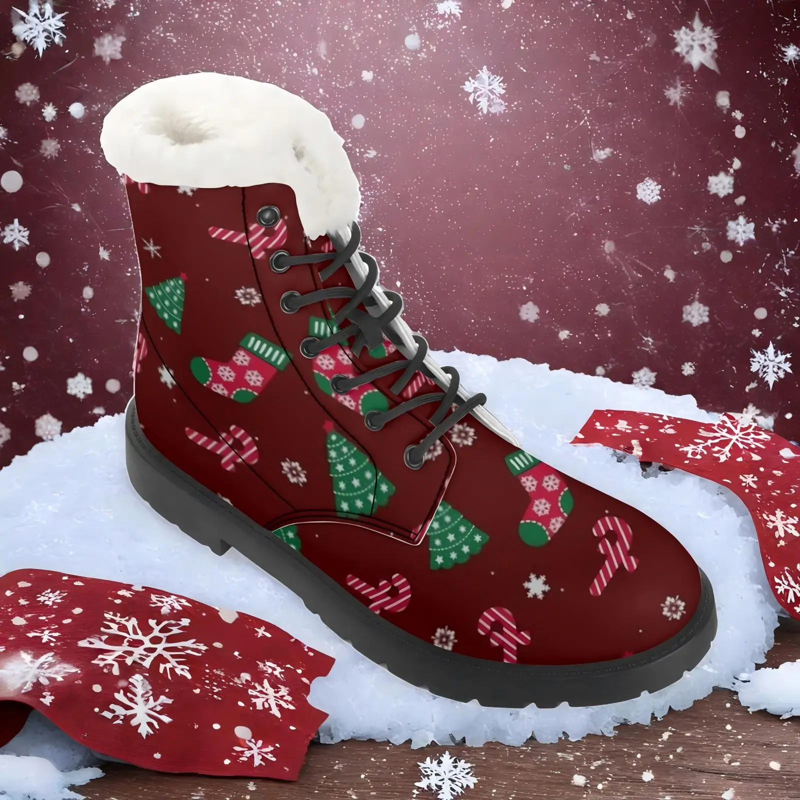 Christmas elements red printed plush boots casual boots mid-calf boots fashionable classic versatile autumn and winter boots