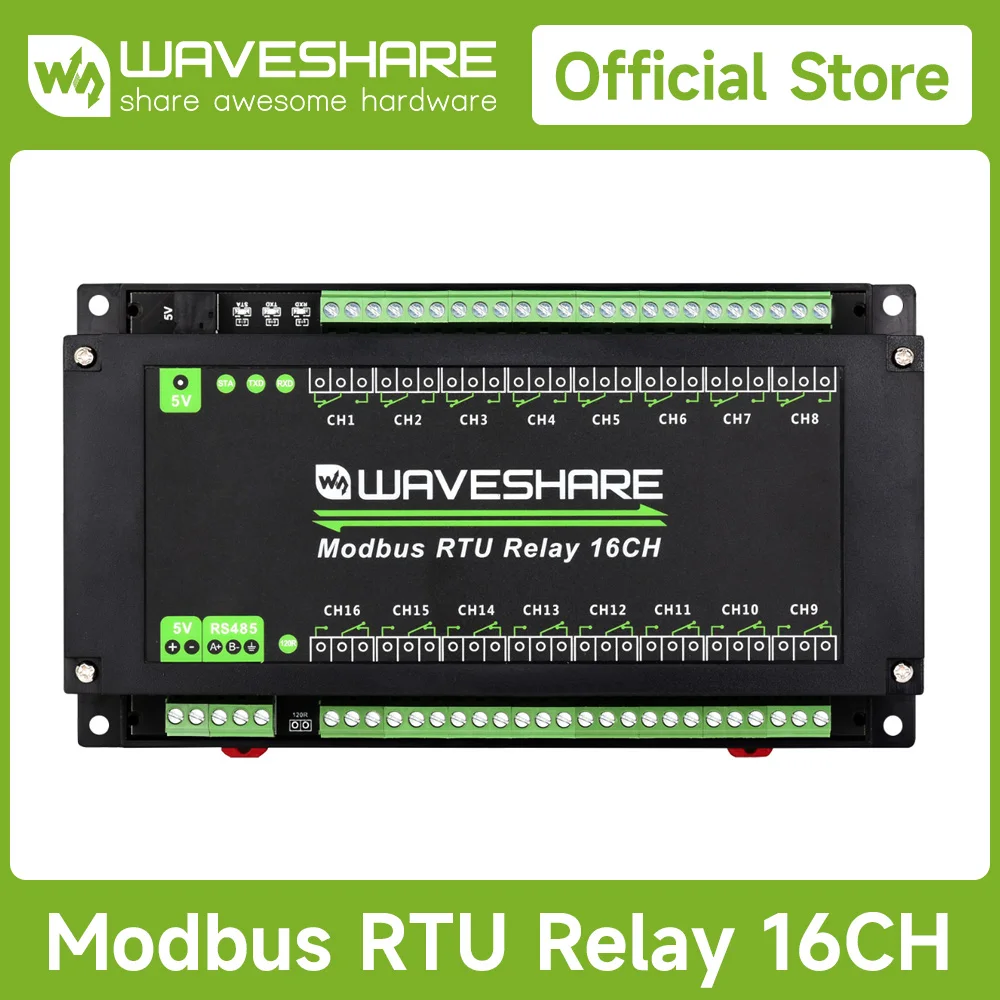 Waveshare Modbus RTU 16-Ch Relay Module, RS485 Interface, With Multiple Isolation Protection Circuits, Rail-Mount Case