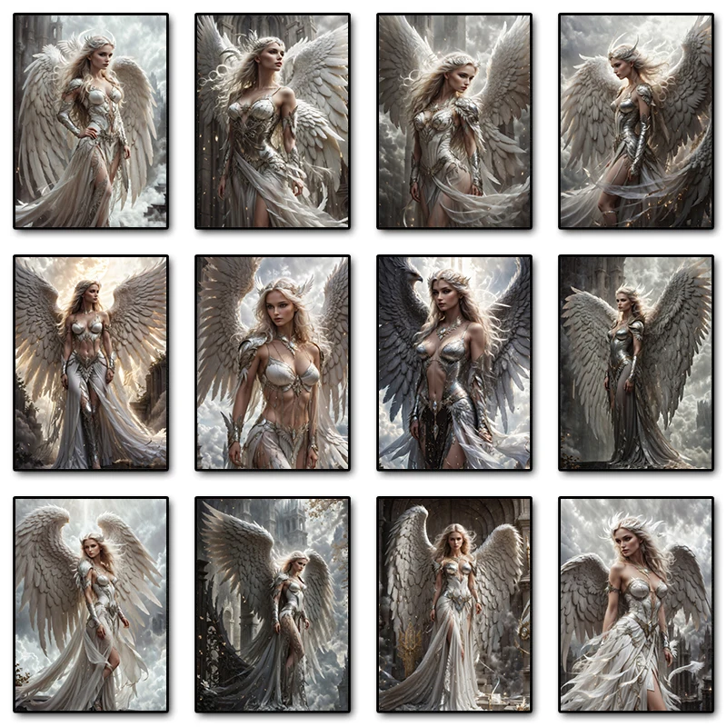Arte de Fantasía, Ángeles Celestiales, Arcángeles Femeninos, Póster Impreso, Alas Blancas, Pintura de Diamantes, Arte de Pared, Cuadro para Sala de Estar, Decoración del Hogar
