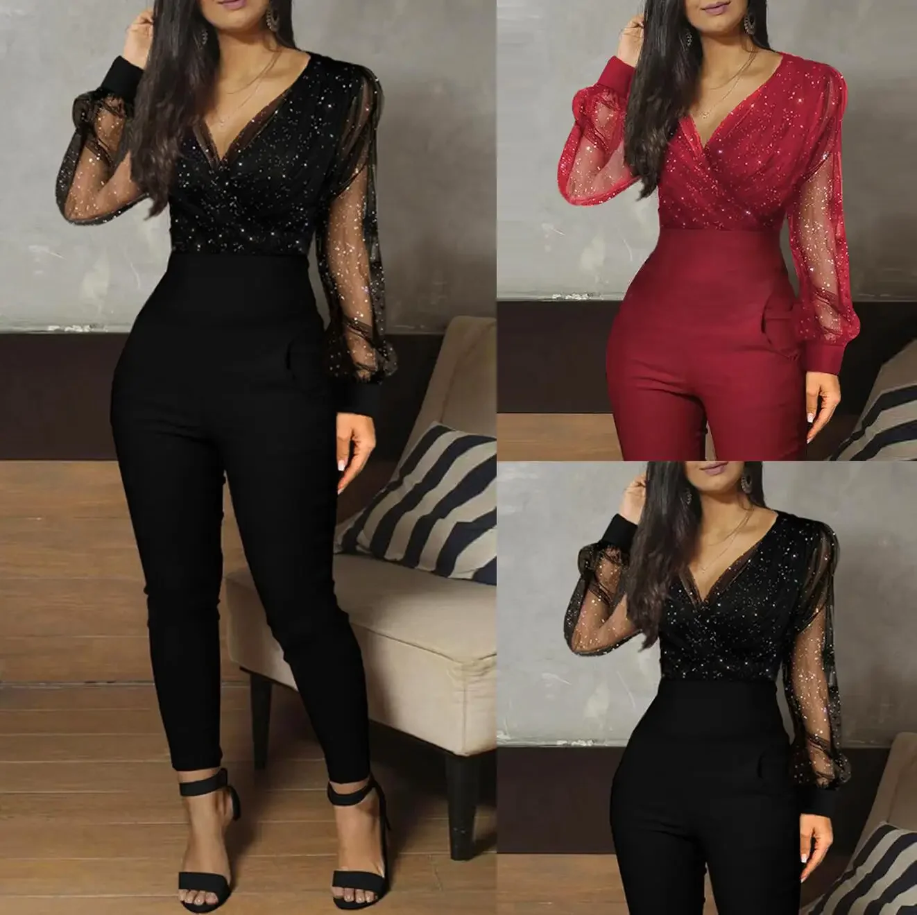 Elegant Sequins Mesh Glitter Jumpsuit New Spring Rompers Women  Party Night Autumn Female Solid Casual V-neck Full Length Pants