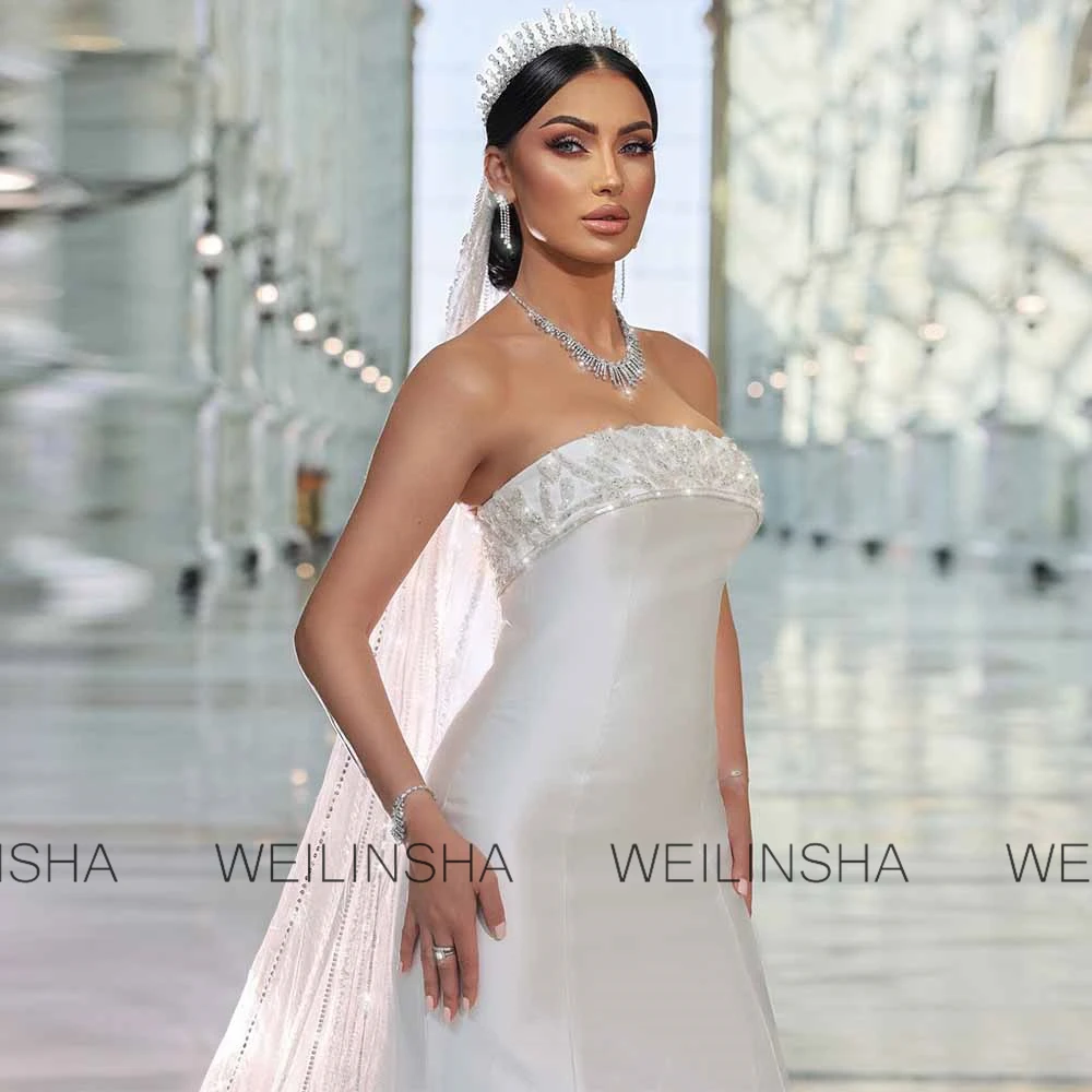 Luxury Dresses Women 2025 Wedding Satin Mermaid/Trumpet Wedding Party Dress White Strapless Ruched Beads Hall Wedding Dress Long