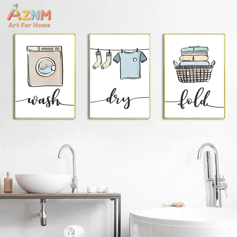 AZNM Unframed Wash Dry Fold Laundry Room Canvas Wall Art, Minimalist Cute Washing Machine Clothes Line Illustration Print, Moder
