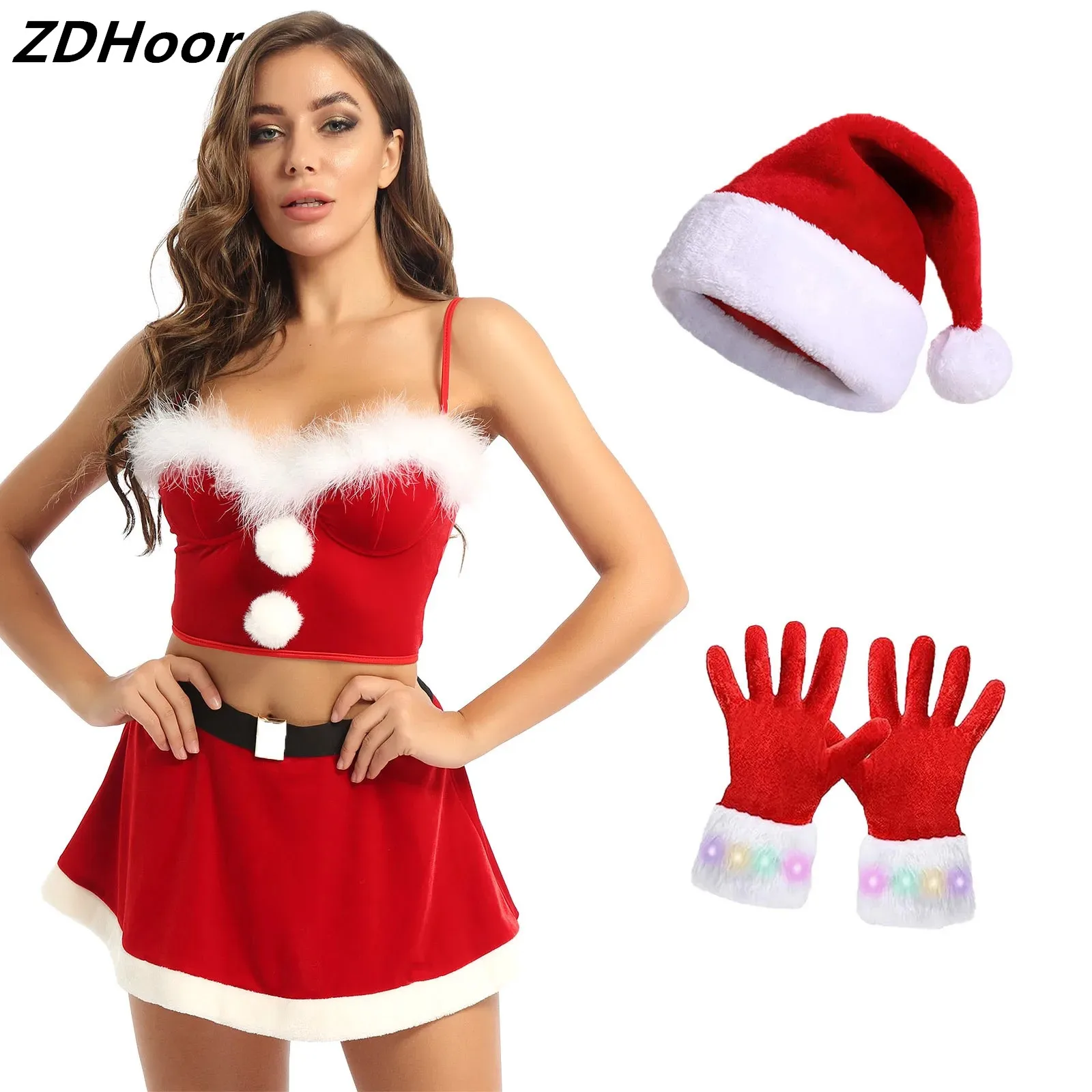 

Womens Christmas Party Velvet Outfit Adjustable Spaghetti Strap Bustier Bra Crop Top with Skirt Hat Glitter Faux Fur Trim Gloves