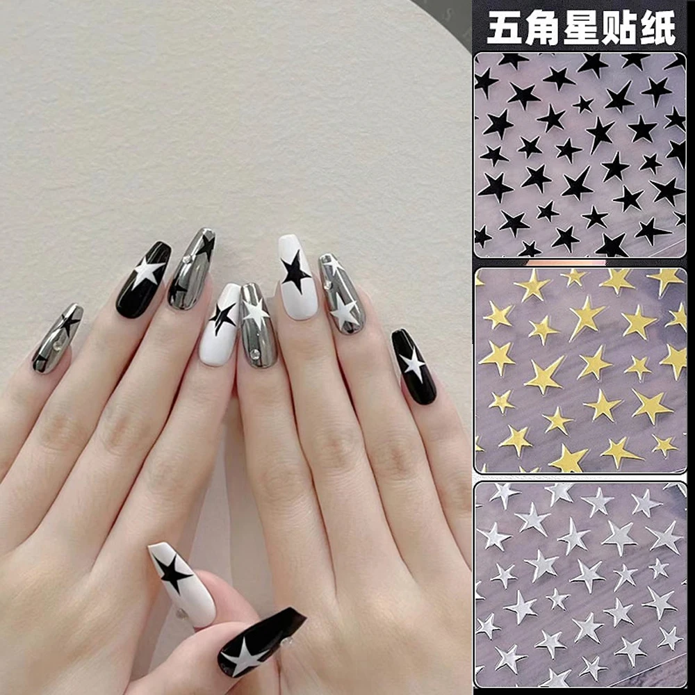 Autocollants 3D pour Nail Art, tailles mixtes, étoile à cinq branches, or, argent, noir, blanc, clignotant, étoile Starburst, décalcomanies à pression, 4 pièces