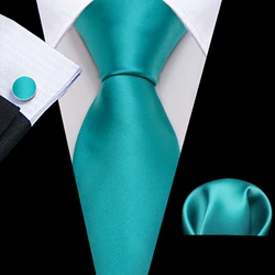 Set di gemelli Hanky da uomo in seta solida turchese Set di cravatte in raso liscio per matrimonio maschile, eventi aziendali, regalo Barry.Wang