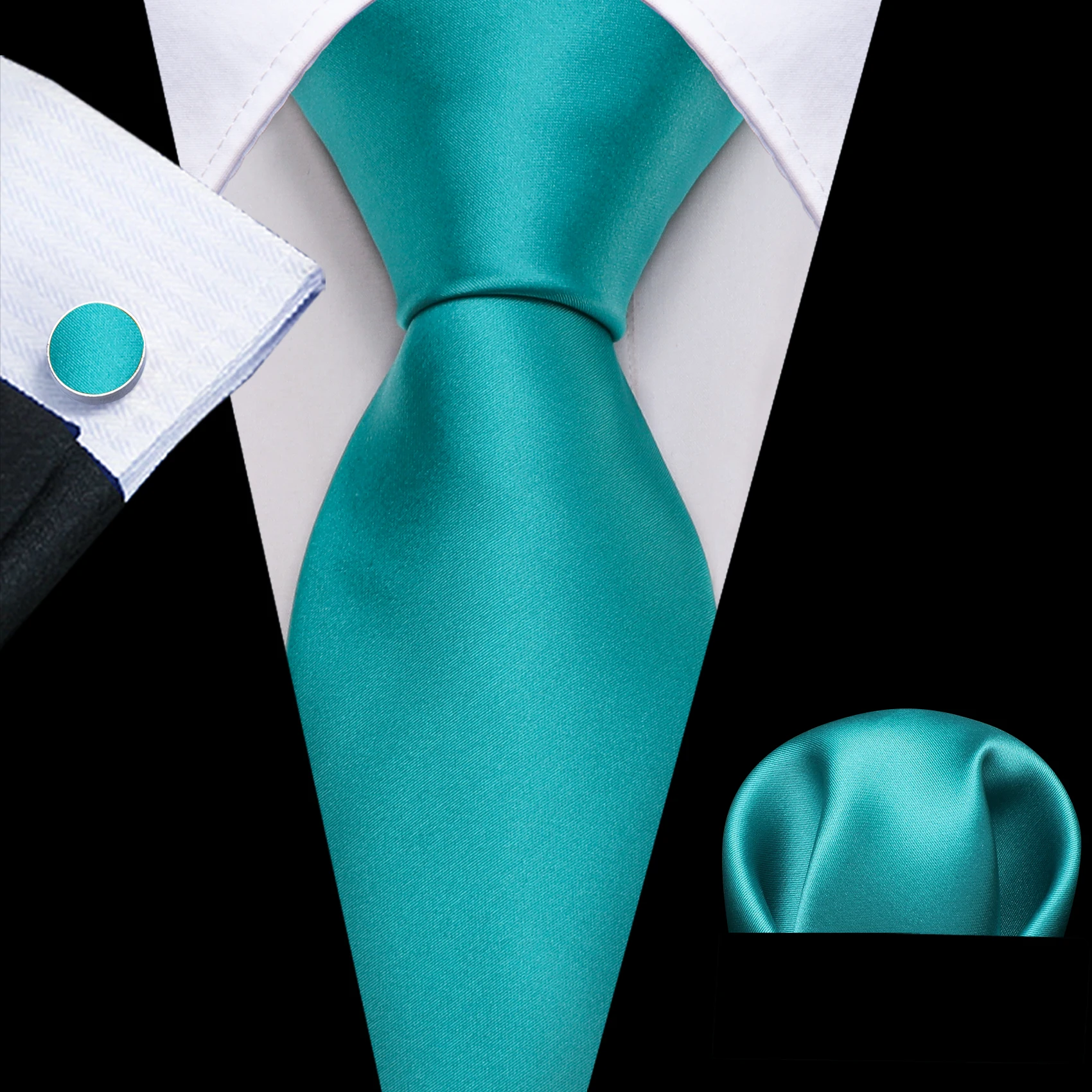 Turquoise Solid Silk Mens Tie Hanky Cufflinks Set Smooth Plain Satin Necktie For Male Wedding Business Events Gift Barry.Wang