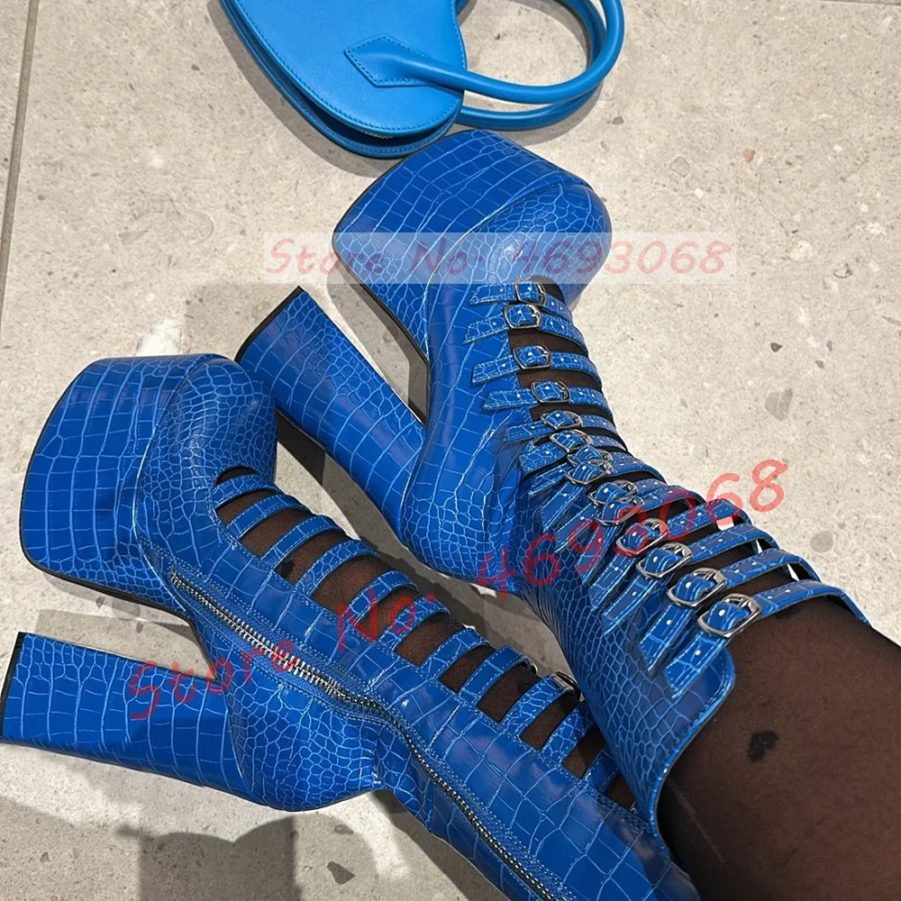 Blue Strappy Platform Mid Calf Boots Women Spring Crocodile Print Round Toe Boots Ladies 14 Buckle Straps Chunky High Heel Shoes