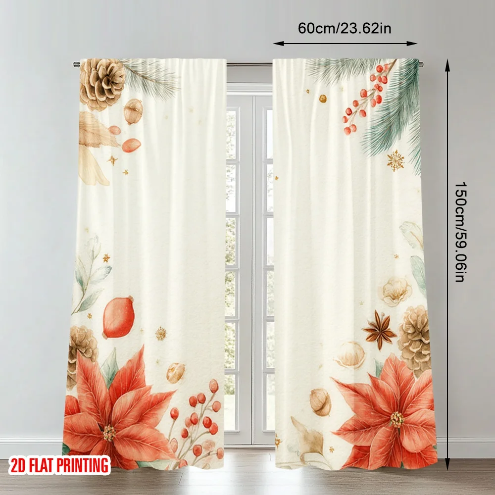 2 قطعة 2D الطباعة المسطحة عيد ميلاد سعيد الستائر عيد الميلاد البونسيتة ستار اليانسون كوز الصنوبر الرقمية المطبوعة البوليستر الستائر الطرف #2