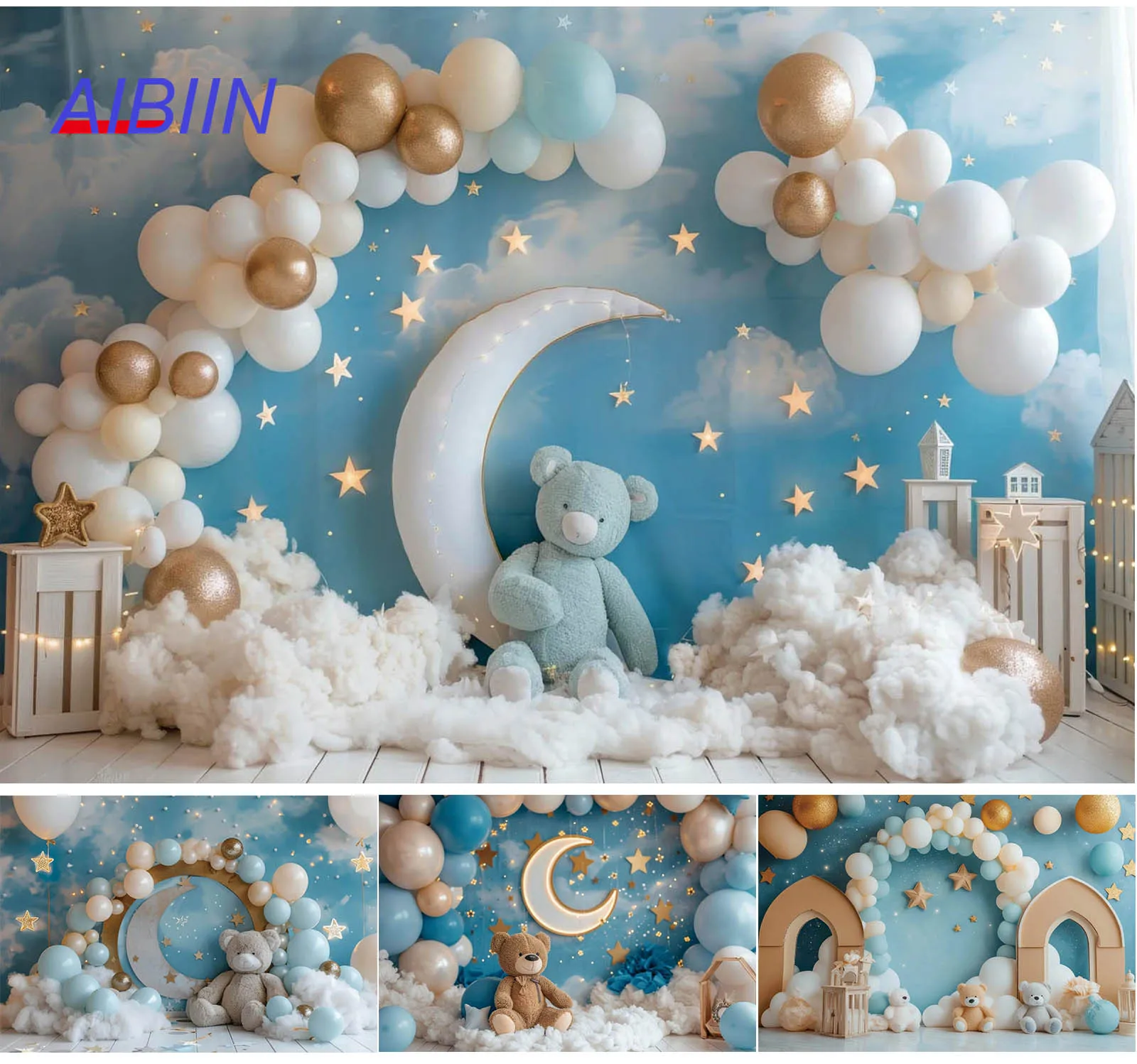 Bear Baby Shower Backdrop Blue Sky White Cloud Moon Cute Bear Boy First Birthday Party Decor Portrait Photography Background