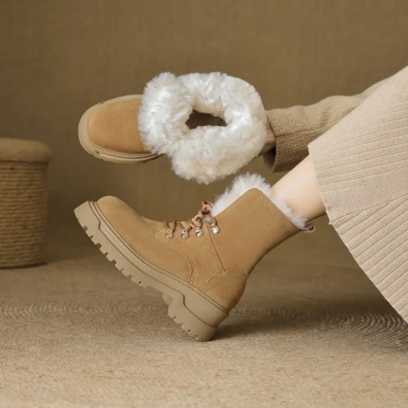 MORAZORA Cow Suede Leather Snow Boots Women Lace Up Round Toe Platform Ankle Boots Nature Wool Warm Winter Boots Ladies Shoes image 3