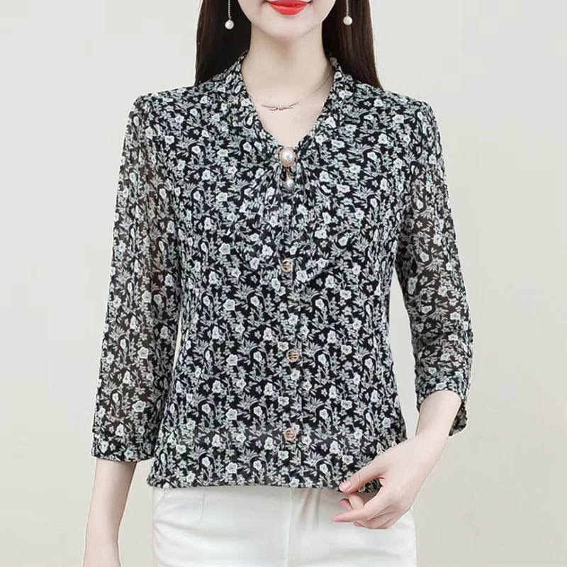 Women\'s Clothing Korean Fashion Print Beaded Bow Elegant Blouses 2023 Summer Half Sleeve Thin Shirts Ladies Slim Chic Tops Blusa