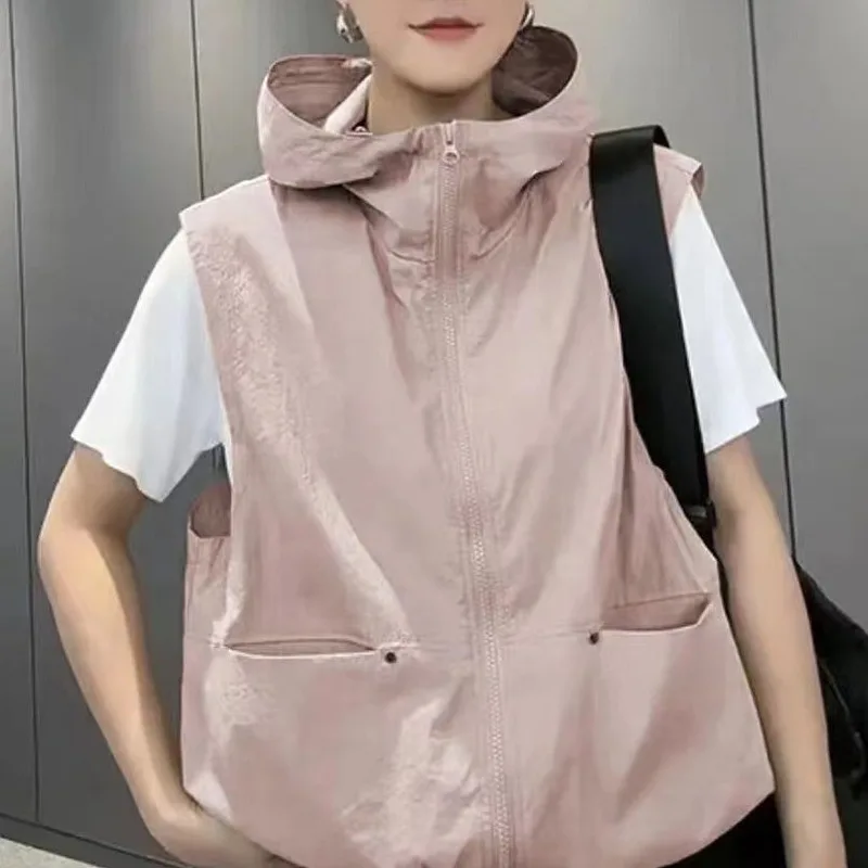 Women's Summer New Design Loose Sleeveless Hooded Vest Top Breathable Fashionable European Style Sun Protection Outerwear