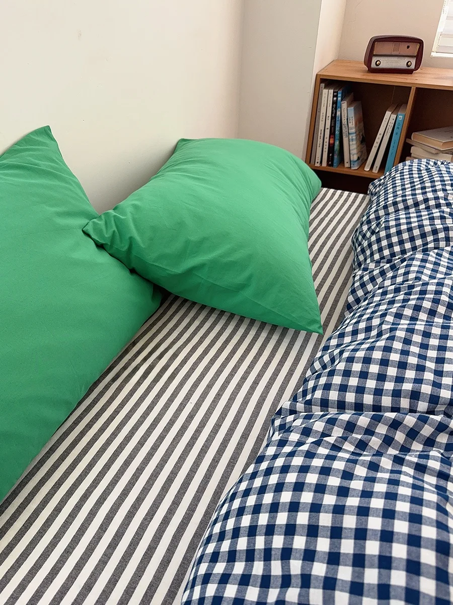 Japanese Style Simple Grid Pure Cotton Four-Piece Set Color Woven Retro Washed Mixed Bedding Quilt Coverlet Bed Canopy