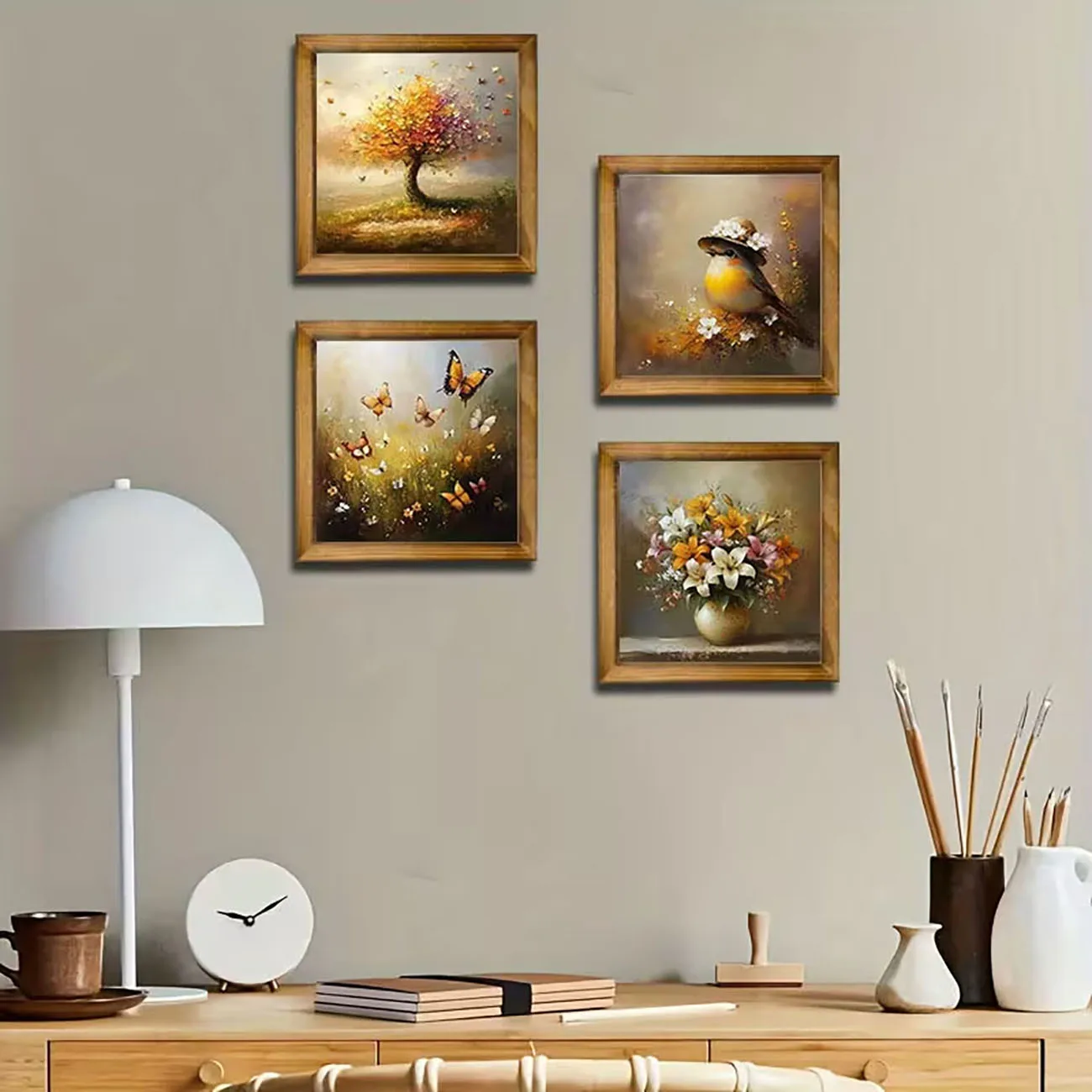 4 Pack Wooden Vintage Bird Butterfly Wall Decor Autumn Tree Lily Vase Print Nano Tape Drill Free Home Wall Ornament