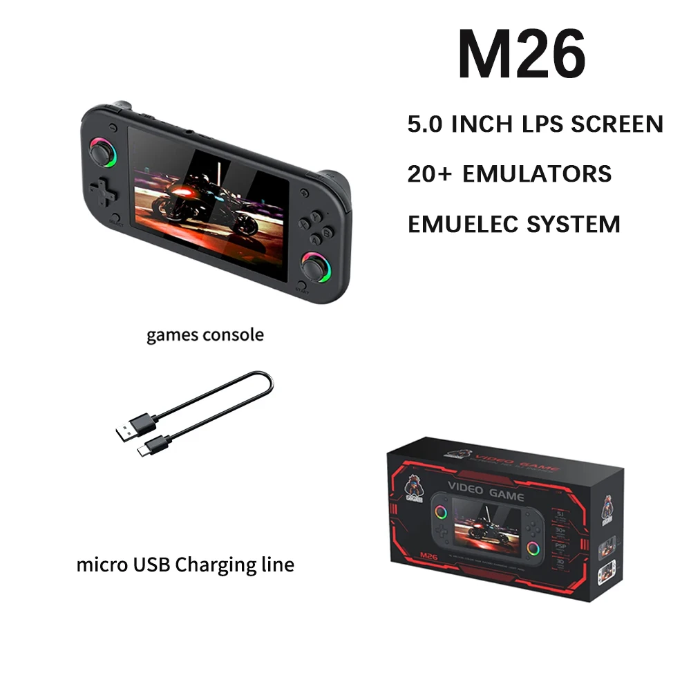 

Портативная игровая консоль M26, 64 ГБ, подарки для детей, 5,1-дюймовый IPS-экран, портативная игровая консоль в стиле ретро с 20000 играми