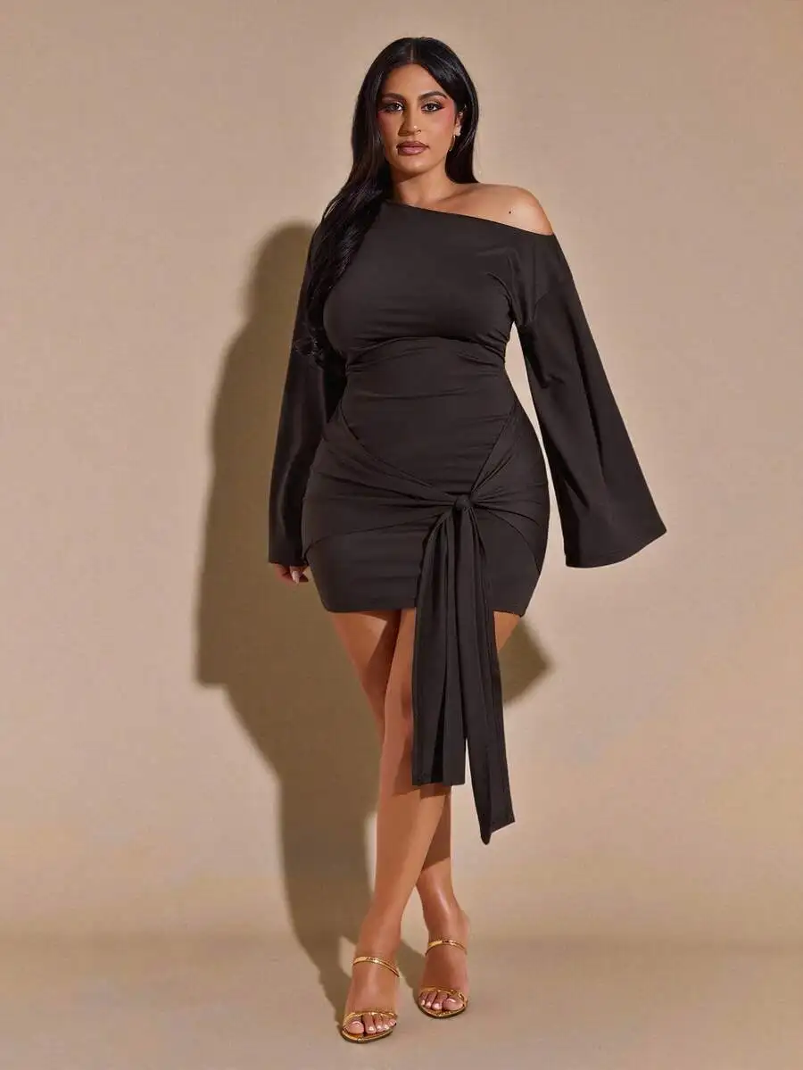 

Plus Size Off-Shoulder Flare Sleeve Twist Waist Bodycon Dress