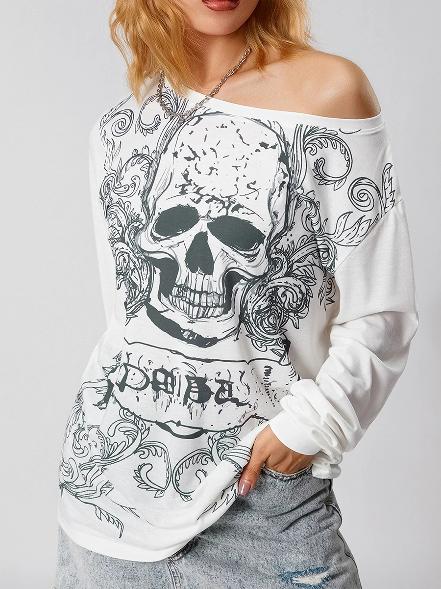 Halloween Women Long Sleeve Oversized T Shirts for Women Casual Skull Bone Print Slant Shoulder Long Sleeve Oversized T-Shirt