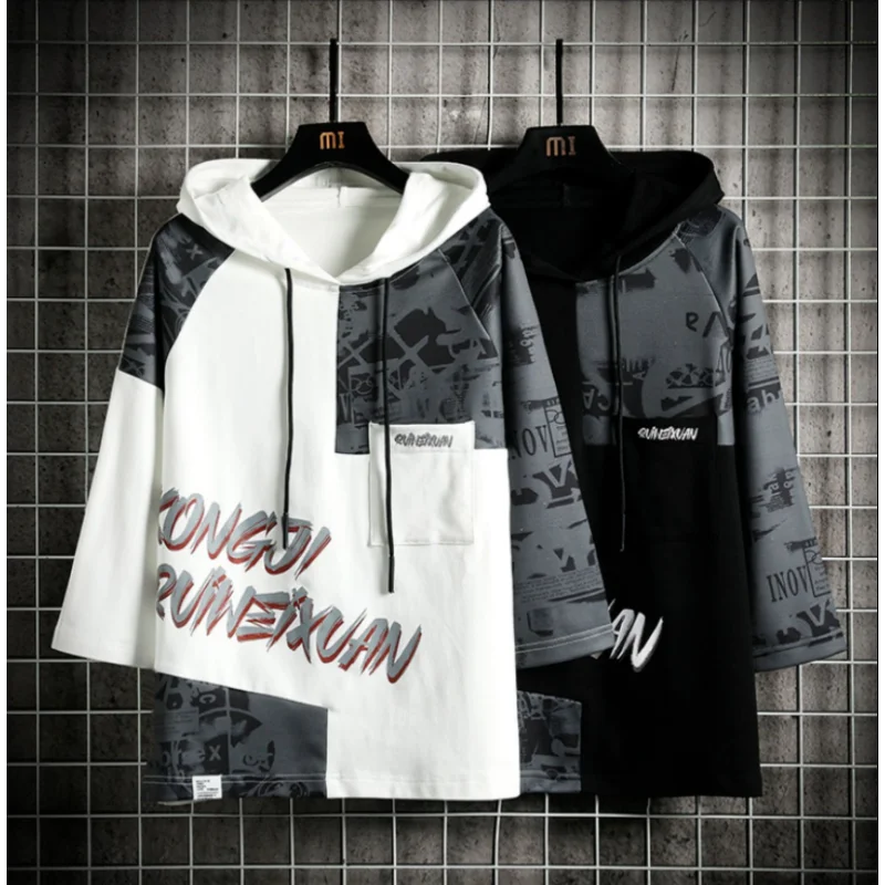 Summer Men Hoodie T-shirt Korean Hooded T-shirt Fashion Harajuku Short Sleeve Top Graphic T Shirts Mens Printed Men Clothing New