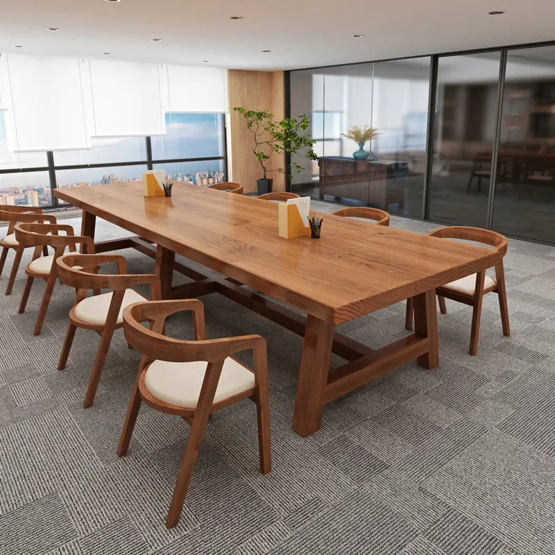 for Solid Wood Conference Table Long Desk Negotiation Table and Chair Set Simple Modern Log Loft Writing Desk