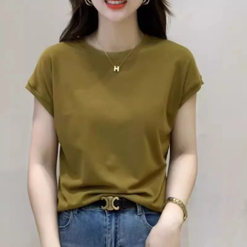 New Summer Women'S Flying Sleeve Tops Elegant Versatile Fashion Slim Fit Crew Neck Design Korean Style Trendy Bat Sleeve Blouse