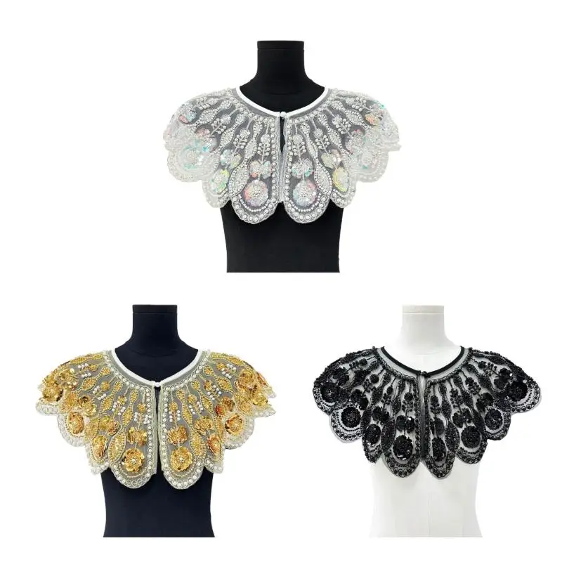 652F Elegant Embroidered Beaded Mesh Collar Detachable Shawl Scarf Stylish False Collar For Women Fashion Accessory