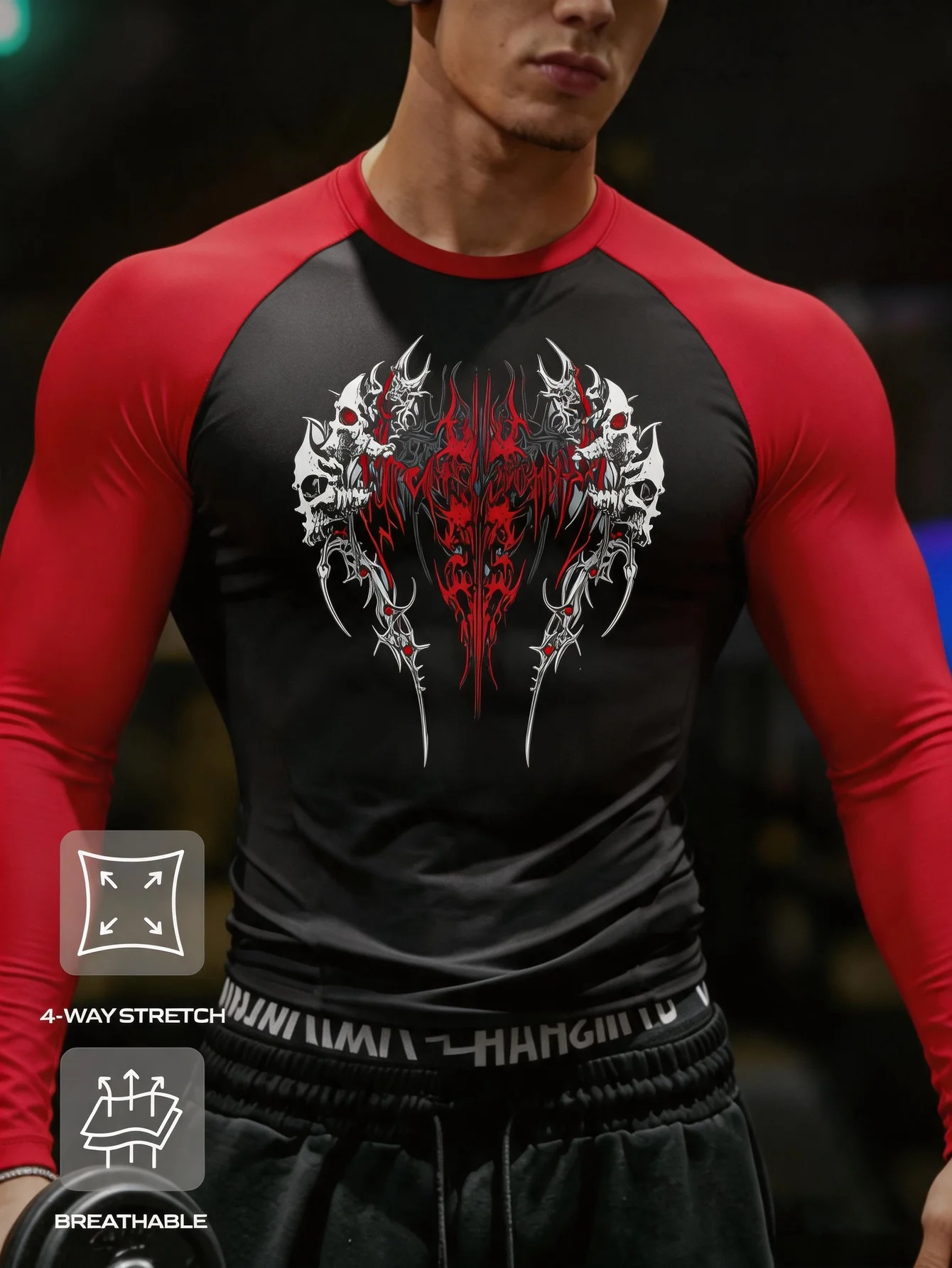 Men's Biker Style Long Sleeve Gym Tee Black Red Skull Print Raglan Sleeve Bold Heavy Metal Workout Top