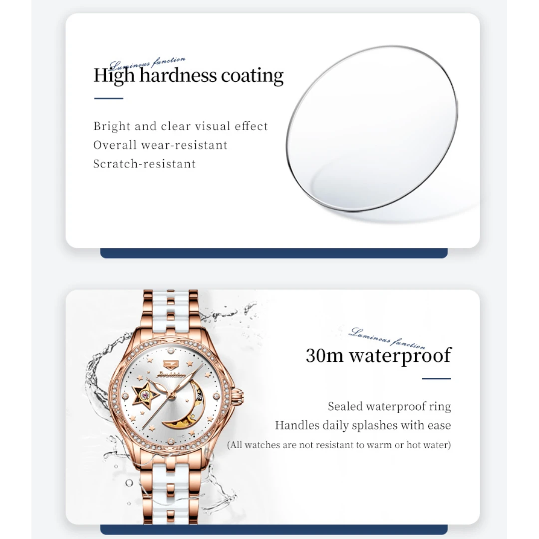 JSDUN 8962 패션 기계식 시계 선물, 세라믹 시계 밴드, 라운드 다이얼 손목시계