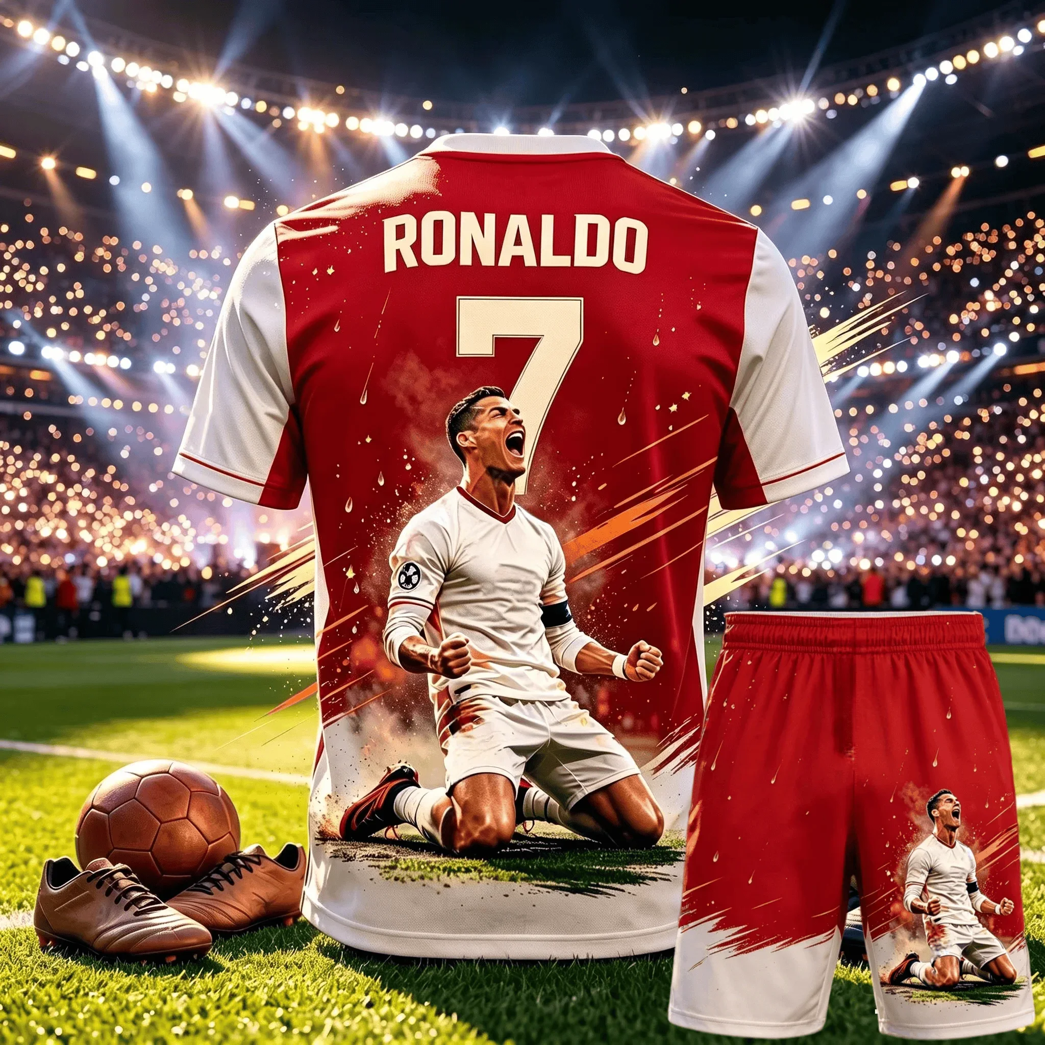 Cristiano Ronaldo Nr. 7 Fußball-Zweiteiler-Set, 3D-gedrucktes Trikot & Shorts, mehrfarbige Fan-Sportbekleidung für Erwachsene & Kinder – Detail 5