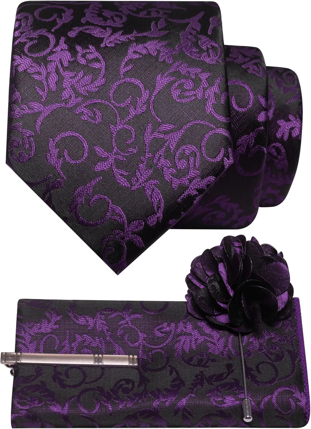

4PCS Floral Tie Set with Pocket Square, Lapel Pin & Tie Clip for Business Casual